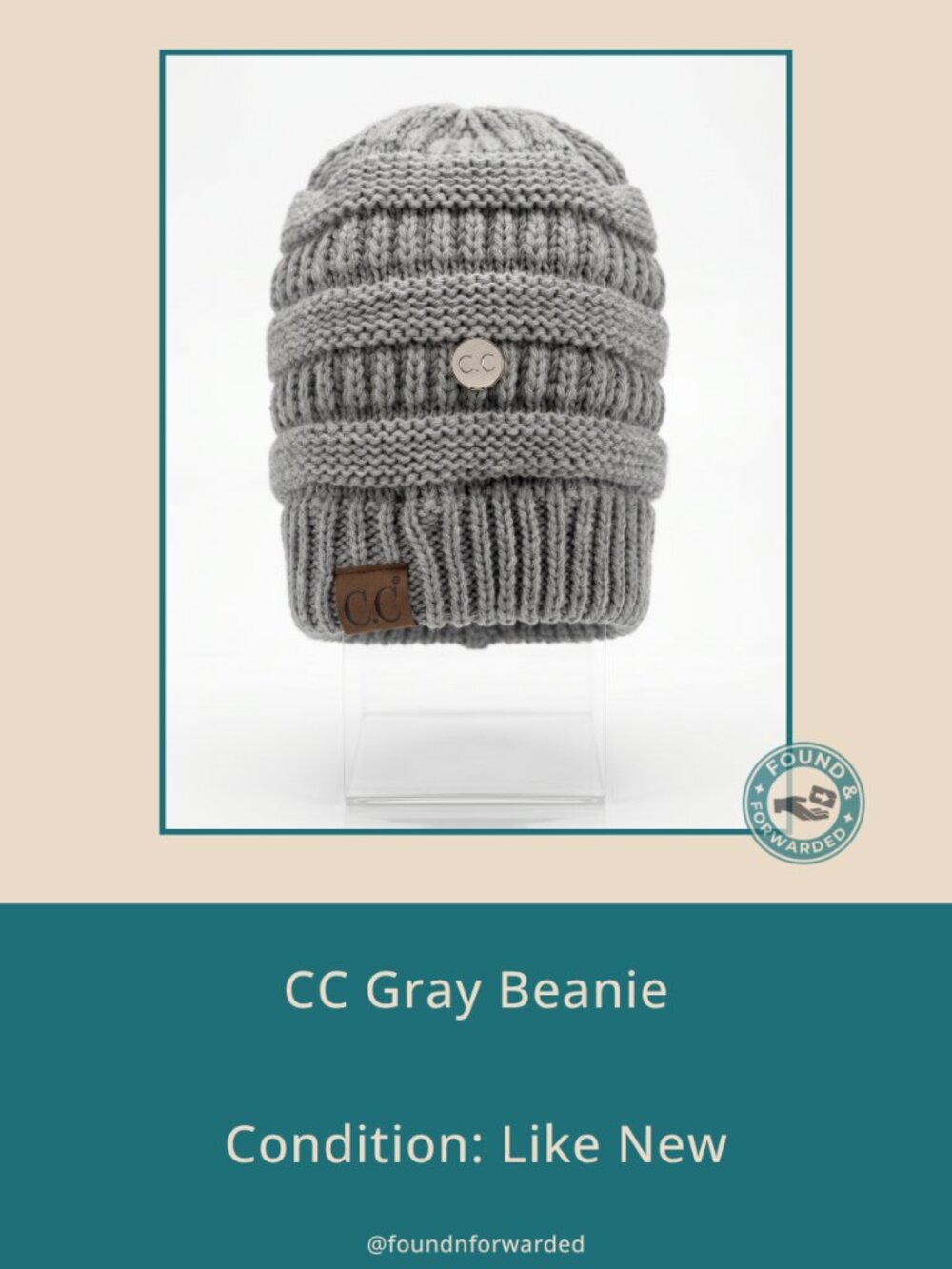 CC Beanie Gray Ribbed Knit Hat Fold Over Cuff OS